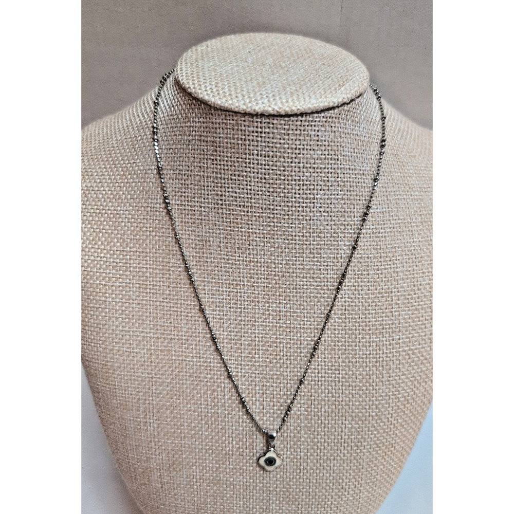 925 Evil Eye Tiny Dark Blue Dot Pendant Necklace 16 Inches darker silver finish
